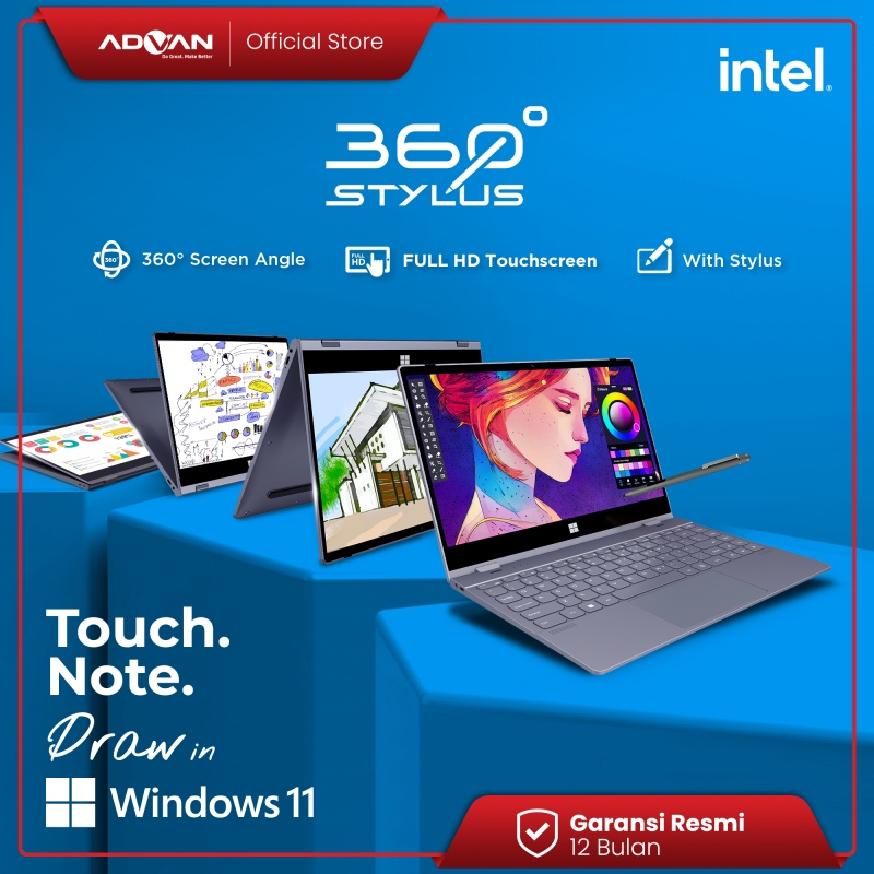 ADVAN Notebook Laptop 360 Stylus  2 In1 Touchscreen - Intel I3 14.1   FHD IPS 1920*1080 8GB 256GB SSD Windows 11