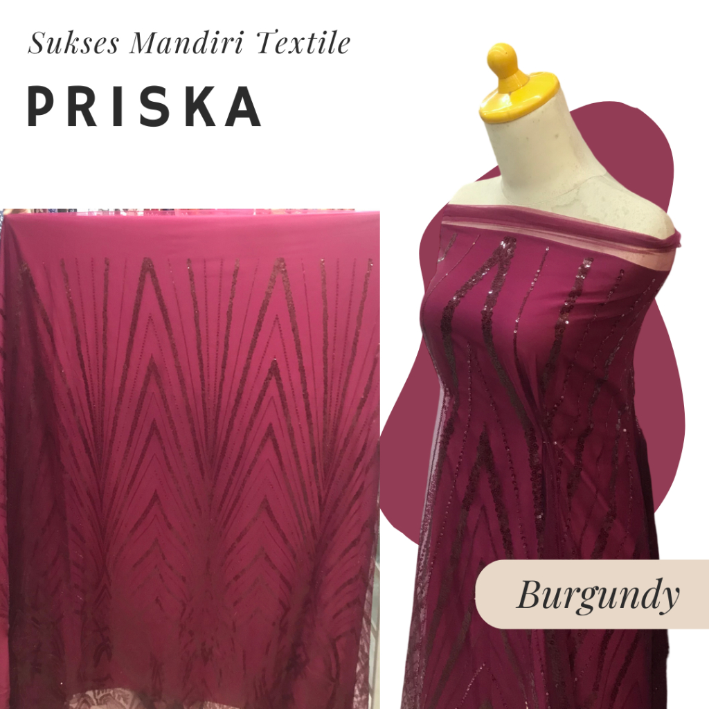 [PRISKA] Brokat Brukat Tile Payet Premium Mewah Warna Burgundy Wine Merah  | Harga ½ meter = 50 cm (