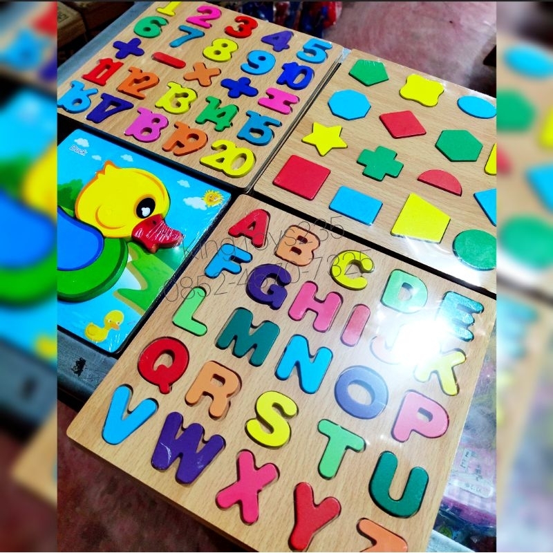 Mainan Anak Edukasi Puzzle Kayu ABC Angka Abjad Shape Bentuk Pasang Karakter Belajar Motorik Sensori