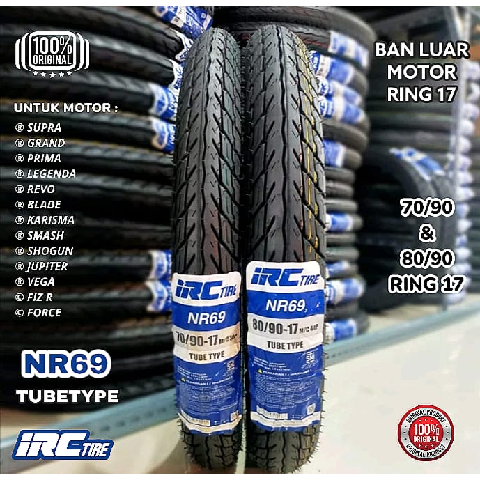SEPASANG [ 2 PCS ] BAN LUAR MOTOR BEBEK [ IRC ] NR69 70/90 & 80/90 RING 17 TUBE TYPE / NON TUBLES TU
