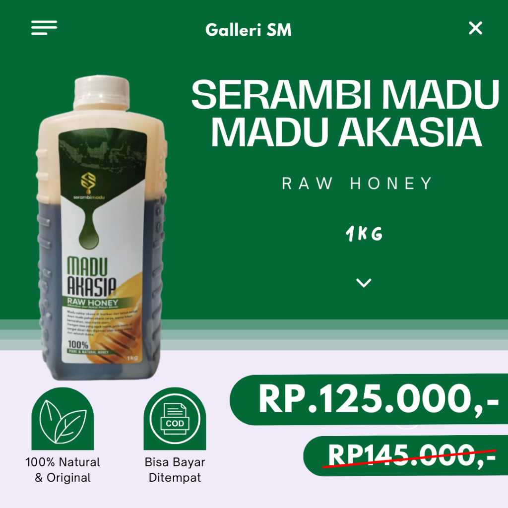 

Serambi Madu Akasia 1kg Dari Nektar Pohon Akasia Raw Honey Pure & Natural Honey Madu Murni Asli Original