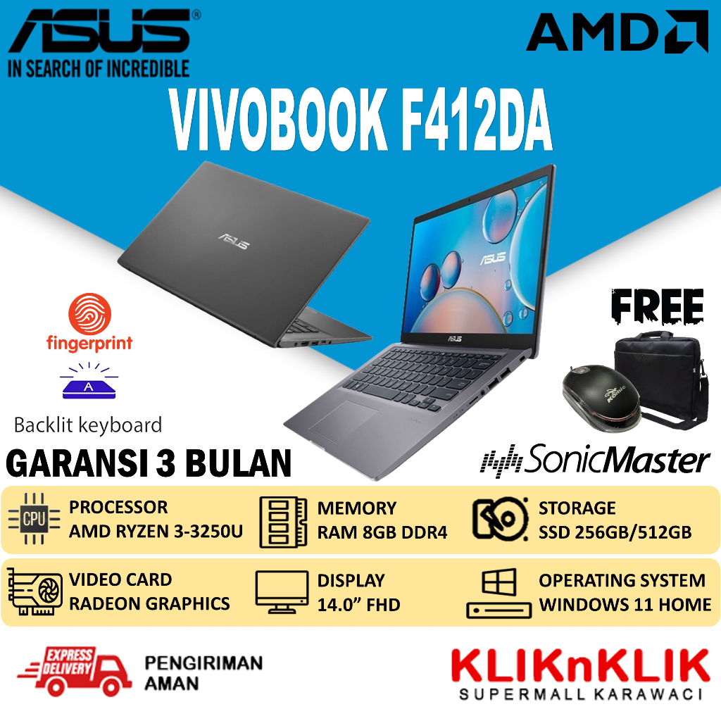 LAPTOP ASUS VIVOBOOK F412DA RYZEN 3 3250U 8GB 256GB / 512GB WIN10 HOME