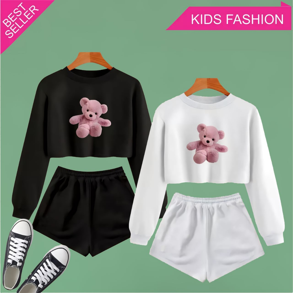 SETELAN ANAK PEREMPUAN CROP TOP USIA 2-9 TAHUN MOTIF BEAR