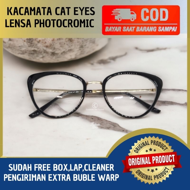 Kacamata minus photocromic wanita model cat eyes lensa fotocromic anti radiasi hp model frame mata k