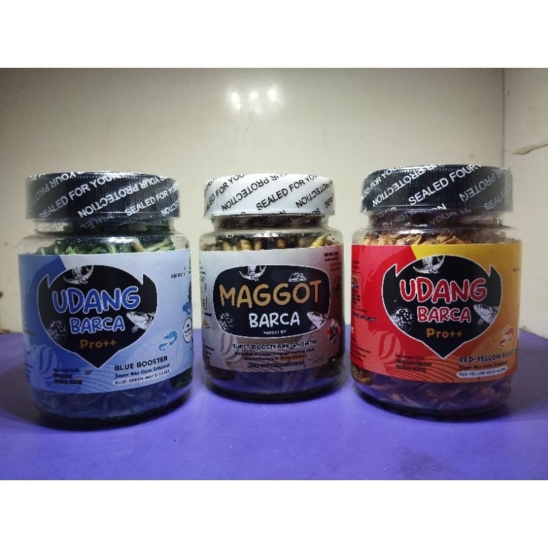 UDANG BARCA RED YELLOW BLUE DAN MAGGOT BARCA BOOSTER PAKAN IKAN CHANNA / PREDATOR