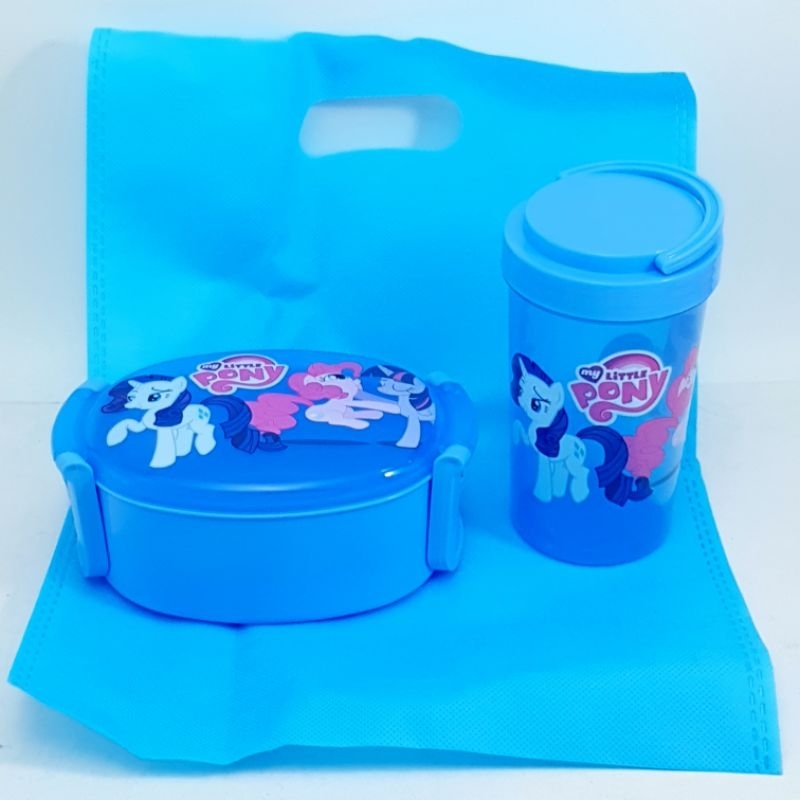My Little Pony Tempat Makan Set & Tempat Minum Plastik Oval Biru Sendok Kitchenware Tas Dilengkapi B