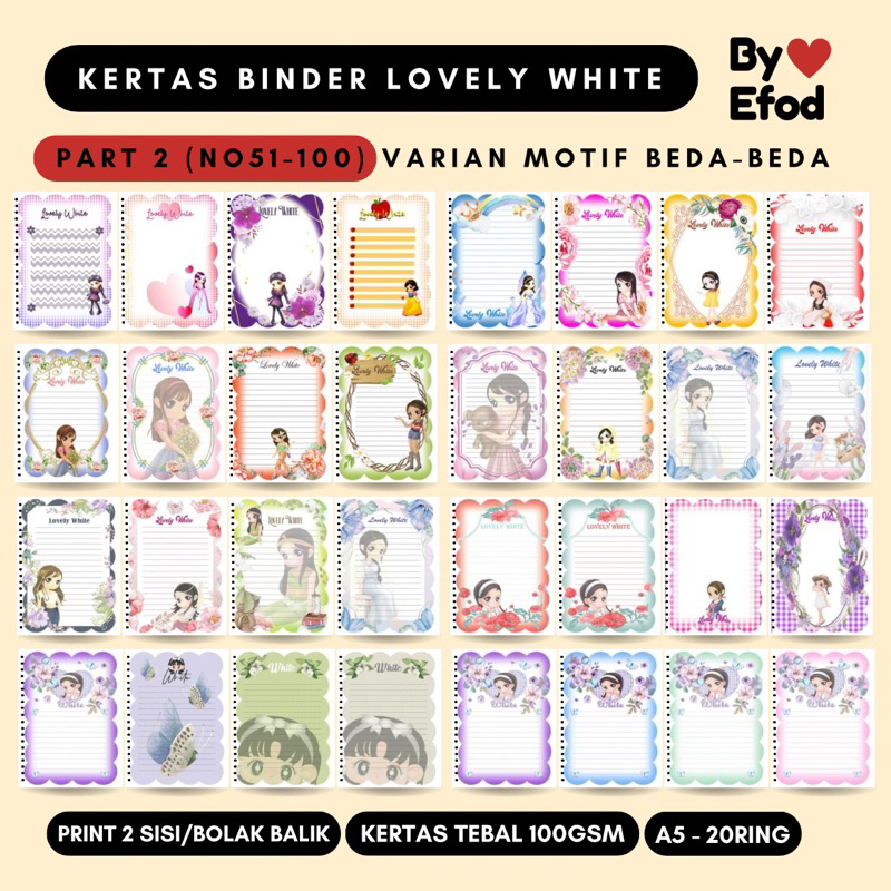 

no51-100 lovely white kertas file isi binder loose leaf karakter