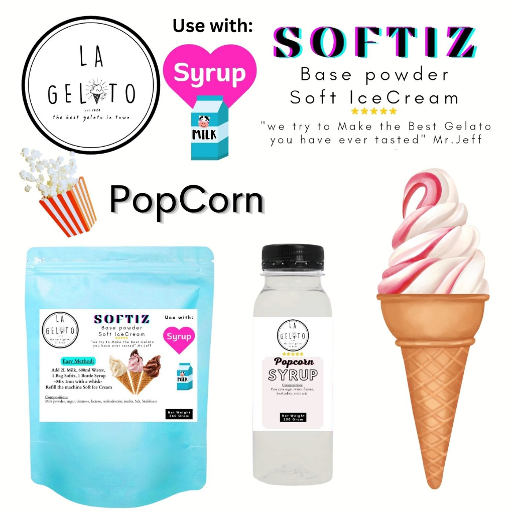 

Paket Softiz bubuk soft ice cream dan sirup rasa Pop Corn untuk 3kg | Powder Ice Cream Fruity Buah Murah Mudah Cool Dingin Tahan Lama Coklat Vanila Thai Tea Capuccino Es Doger Taro Mangga Leci Anggur Strawberry