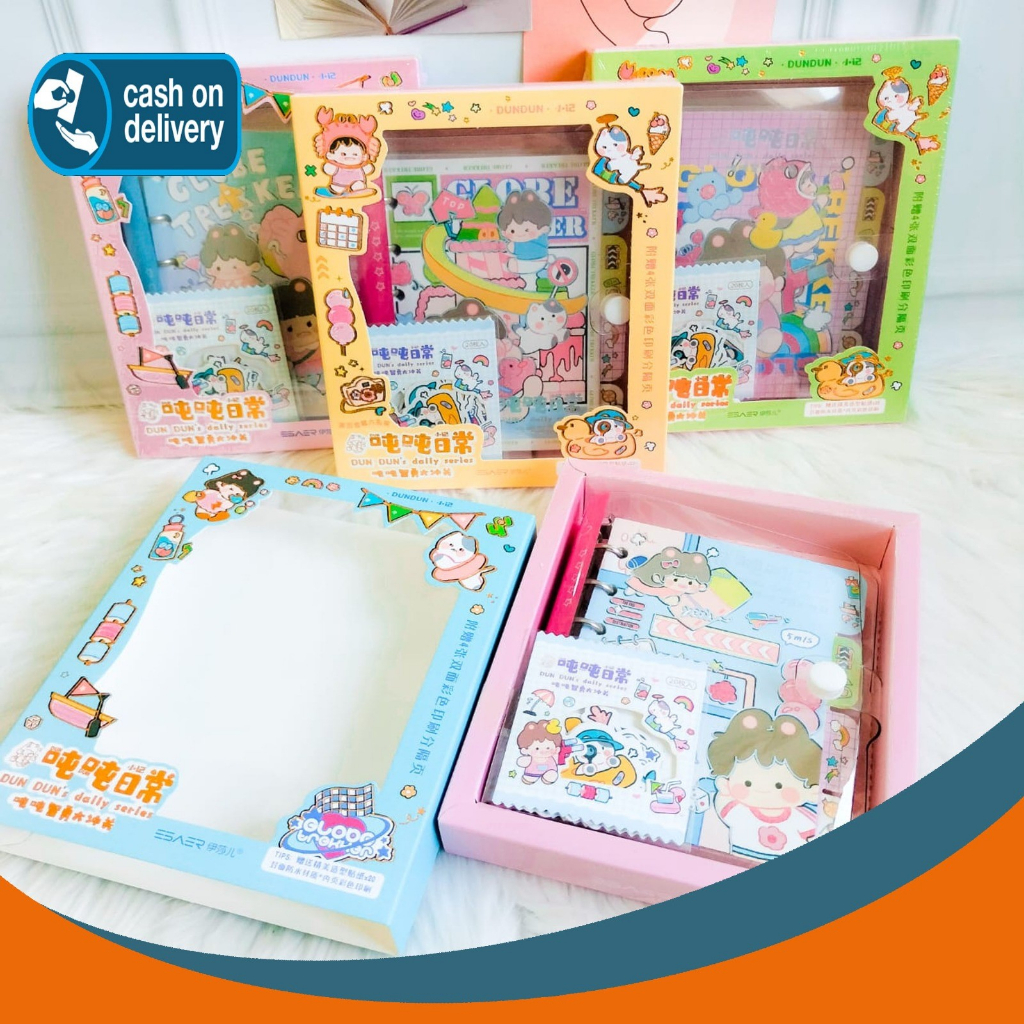 

SET BOX BUKU BINDER DUN DUN + Sticker (Ukuran buku 8.8x12.9cm - 80 lembar)Daily series Daily Manual Cute Pattern Decorative Tape Sticker Gift CRAFT COD