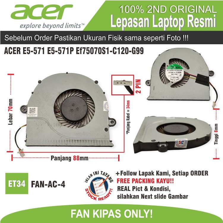 ET34 FAN-AC-3 FAN PROCESSOR LAPTOP ACER ASPIRE E5-471 EF75070S1-C120-G99 DFS501405FL0T