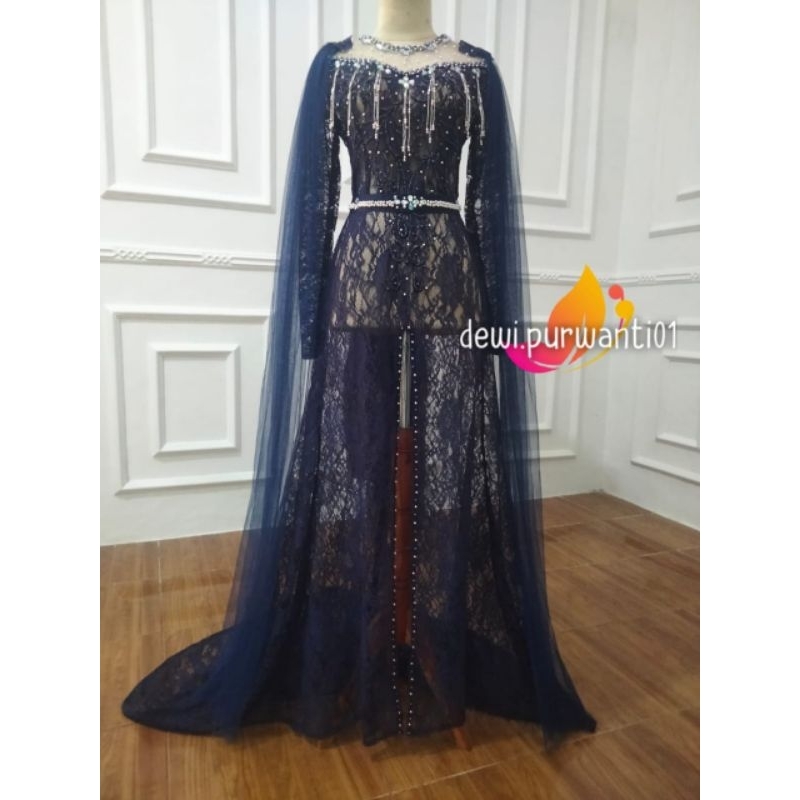 Kebaya Pengantin / Kebaya Broklat ekor aqilla + Sleyer Jumbo_Motif Navy