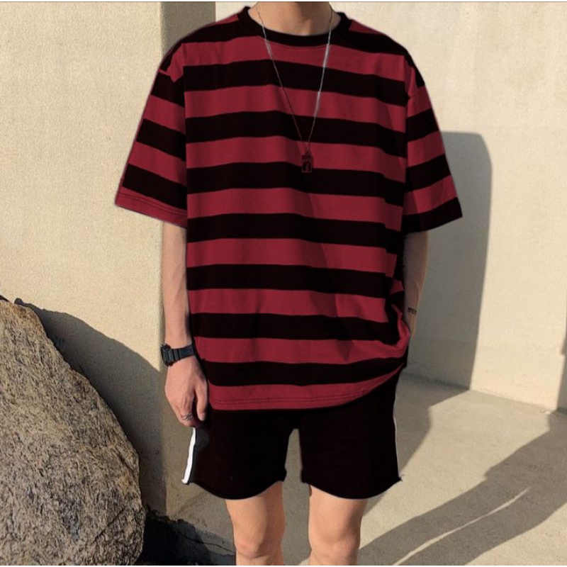 Kaos Salur garis garis Stripe Pria Kaos Baju kaos Distro Baju kaos Terlaris-3