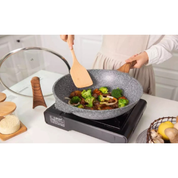 Dijual Wok Granite 30cm UAKEEN Wajan Premium Kuali Panci Tutup Kaca VK-169 Diskon