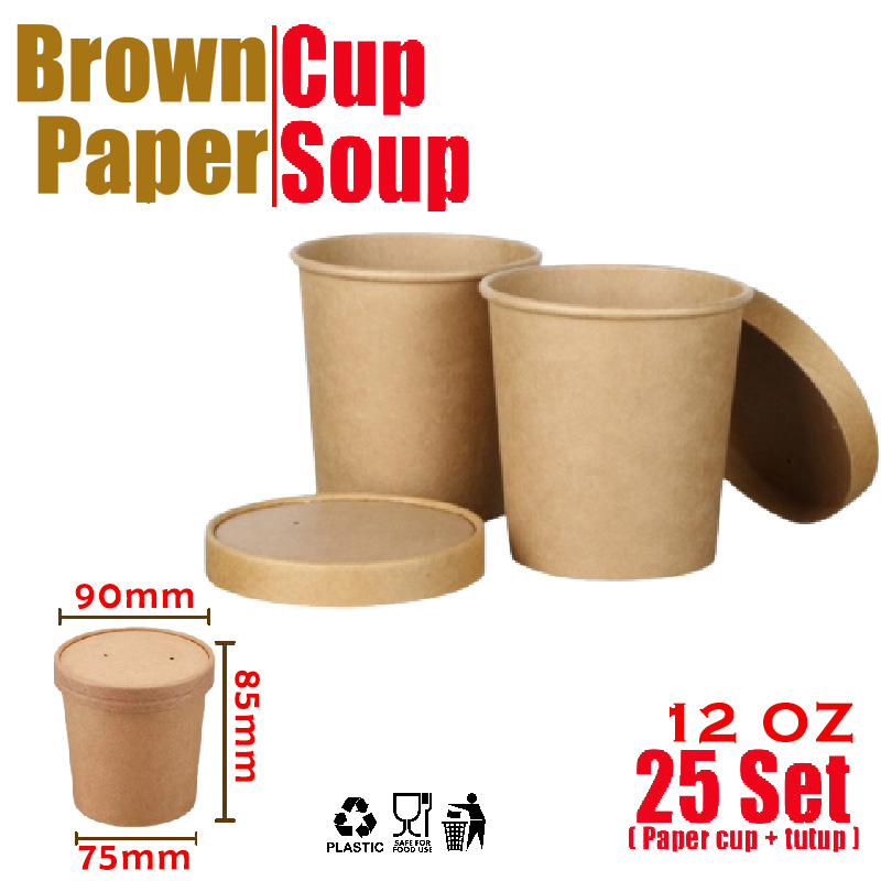 Brown paper cup soup | mangkok kertas kraft coklat cup sup 12 oz + tutup | Cup soup