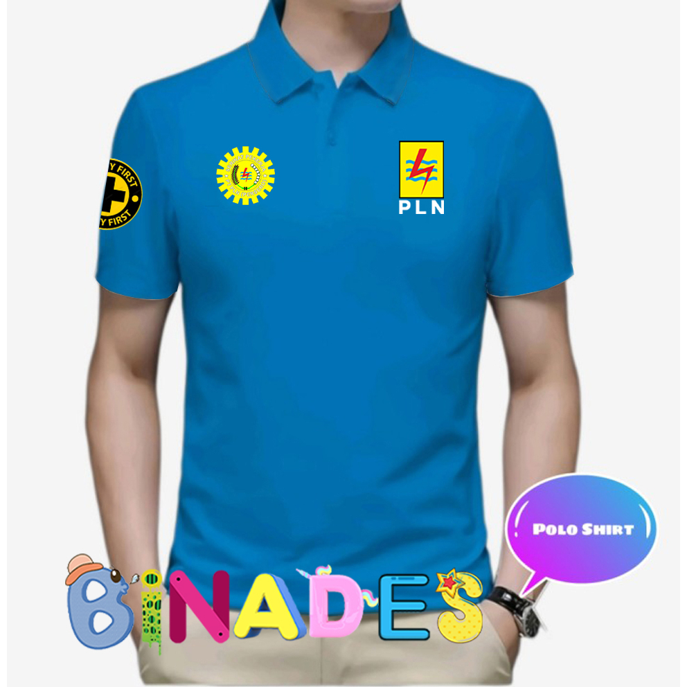 JUAL BAJU kerah mode polo PLN SAFETY FIRST Depan LOGO PLN - BAJU PLN logo safety first - BINADES