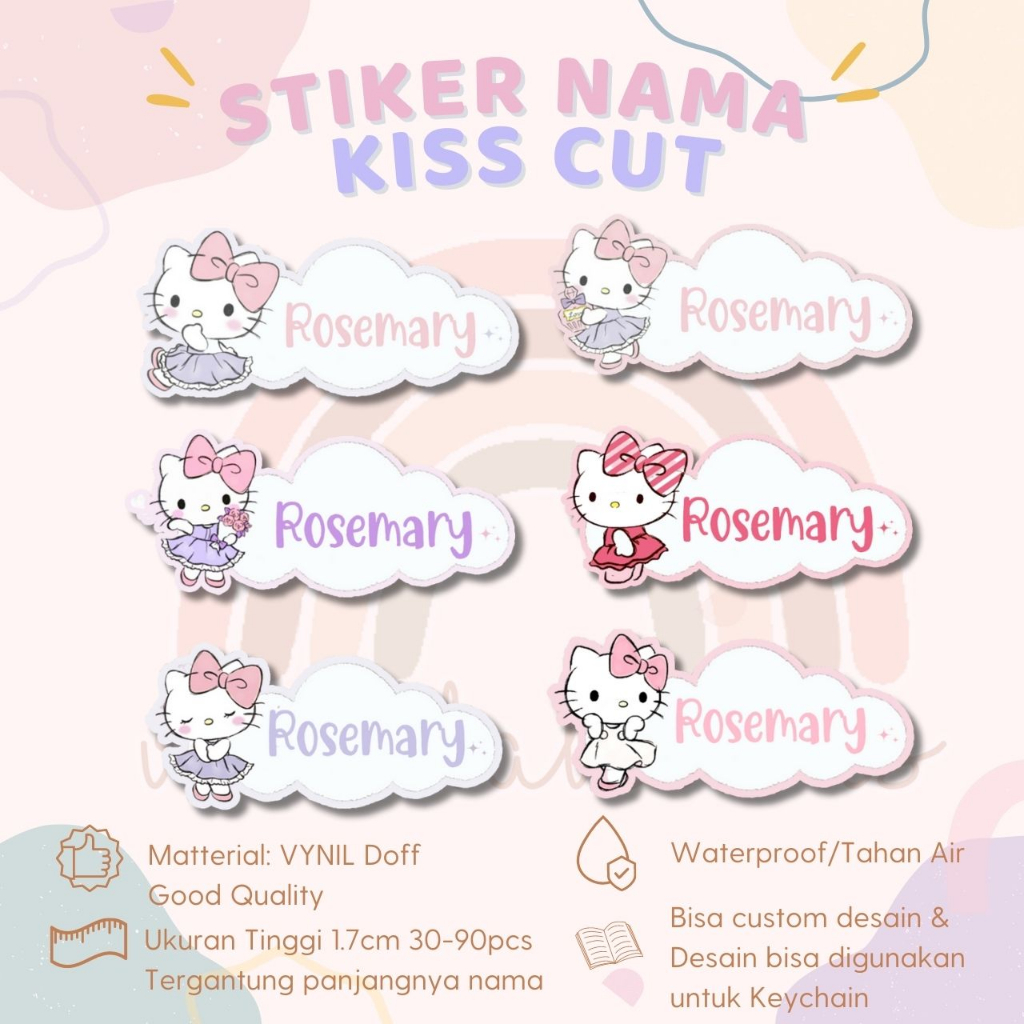 

Stiker Kiss Cut HELLO KITTY Label Nama Waterproof Tahan Air