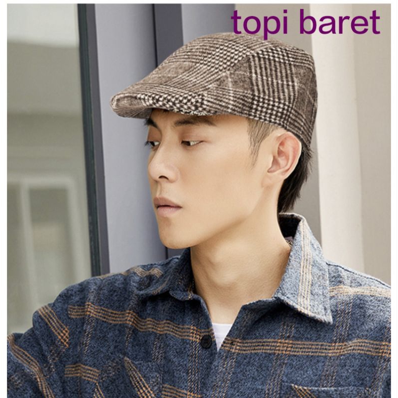 topi baret pria wanita lancip, motif kotak, varian 3 warna-impor