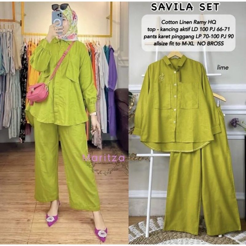 Setelan Pakaian Wanita Terbaru Savila Set 2in1 Bahan Linen Rami Setelan Tunik Kemeja Celana Setcel P