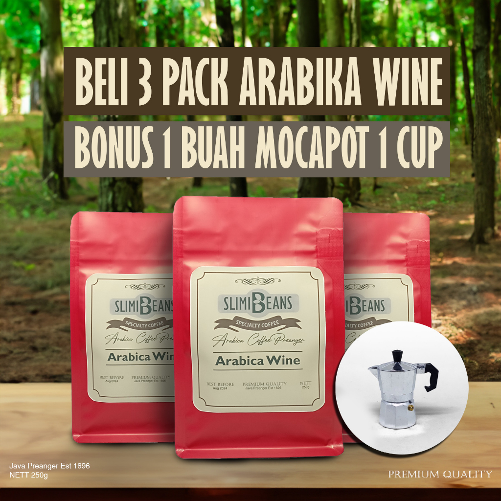 

Slimibeans Wine Coffee Specialty 250gr isi 3 Pack Bonus Moca Pot