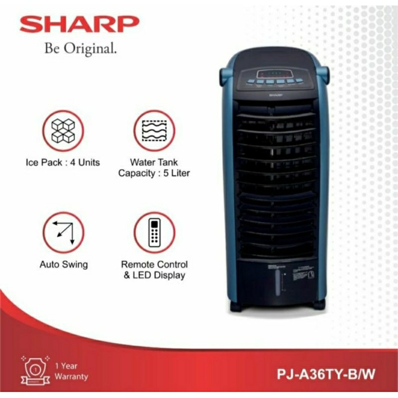 Kipas Angin Air Cooler SHARP PJ-A36TY-B [ hitam ] Penyejuk Udara 65 Watt Tangki Air 6 Liter 4 Kecepa