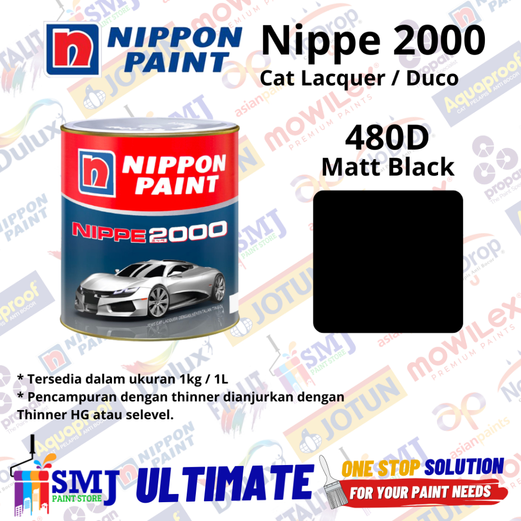 Cat Duco Mobil, Besi dan Kayu NIPPON PAINT NIPPE 2000 480D Warna Matt Black / Hitam Doff 1L / 1kg