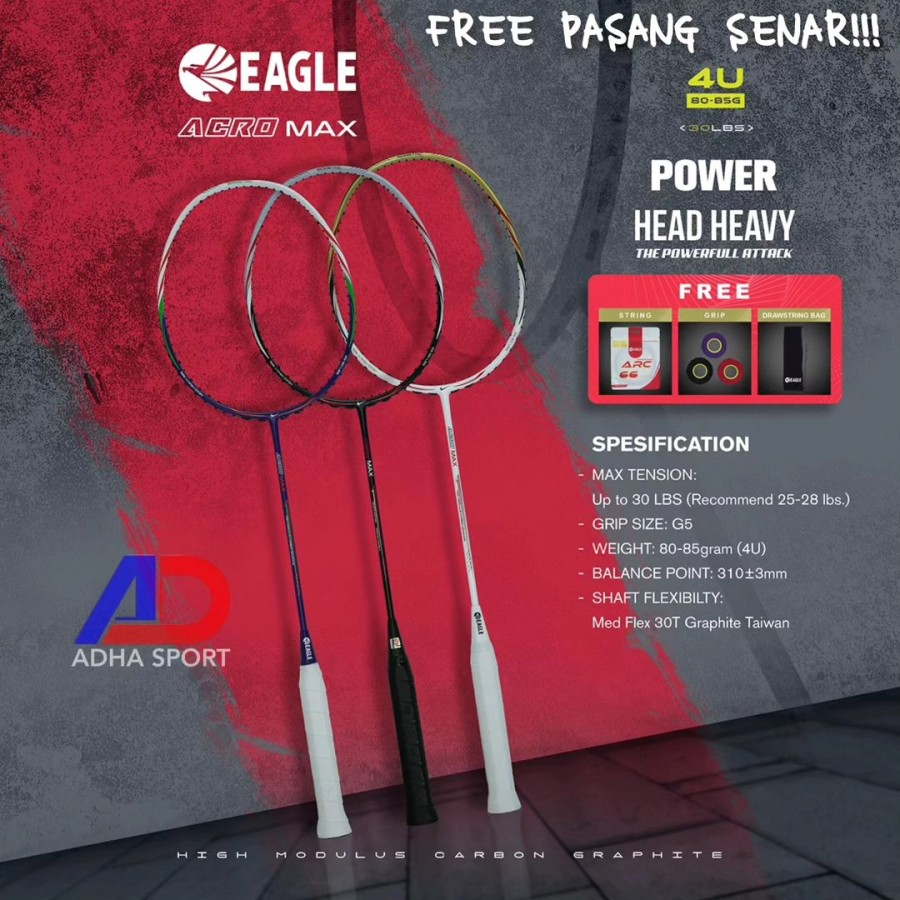 Eagle Acromax / Acro Max Power Head Heavy 4U Raket Badminton Original Adha Sport
