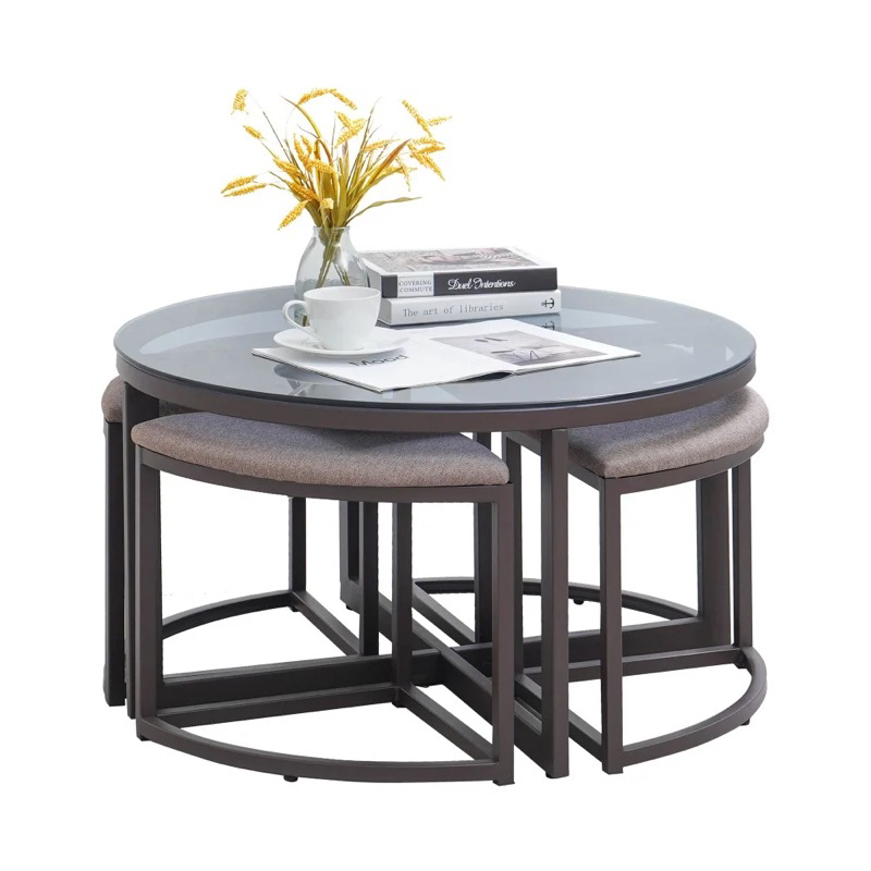 NEGO COFFEE TABLE INFORMA TEMPERED GLASS + 4 bangku
