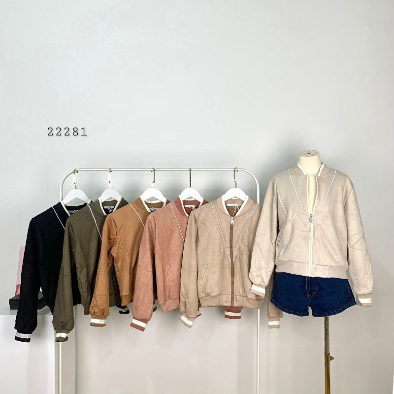 OUTER JAKET WANITA BLUDRU SUEDE CROP ZIPPER DEPAN VARIASI GARIS LINE IMPORT