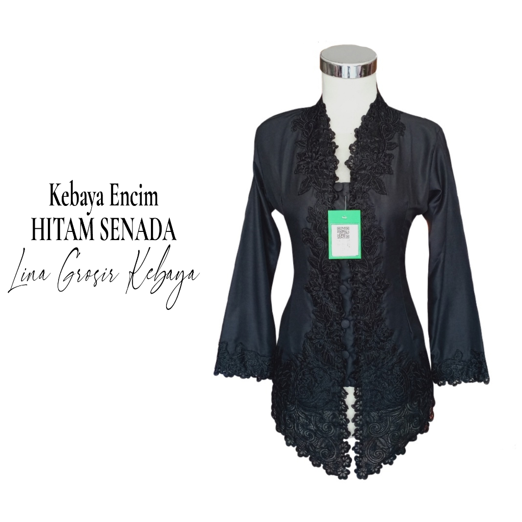 Kebaya Encim Katun Stretch Hitam Lengan Panjang