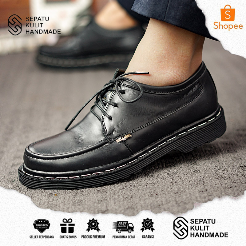 Sepatu Kulit Pria Kerja Kantor Kondangan Hitam Kekinian Keren - Leather Shoes Buat Bisnis Santai Gay