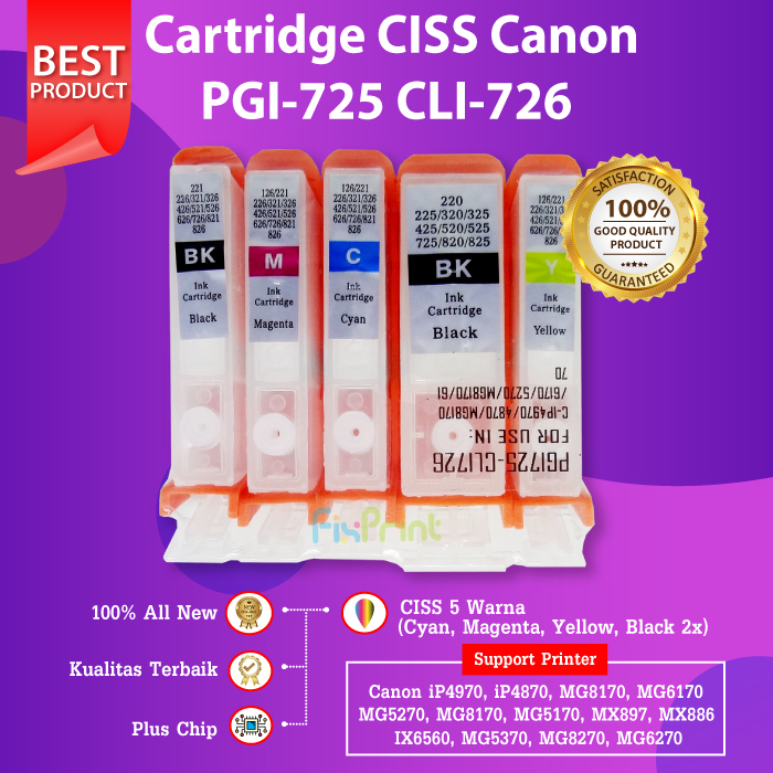 Cartridge Tinta CISS Cn 725 726 PGI725 CLI726, Infus Printer iP4970 IP4870 IP6550 IX6560 MG5170 MG61