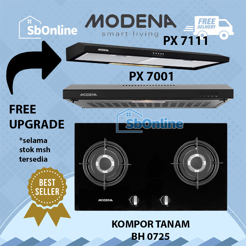 MODENA Paket Kompor Tanam 2 Tungku 70 cm dan Cooker Hood 70 cm - BH 0725 & PX 7001