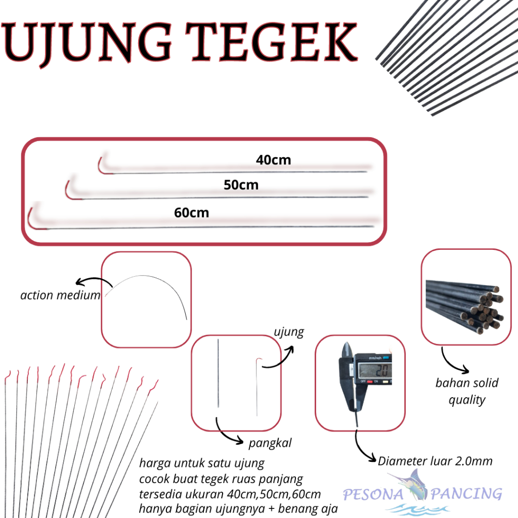 Ujung Tegek pancing Panjang 40cm,50cm,60cm Cocok Buat Tegek RUAS PANJANG Material solid