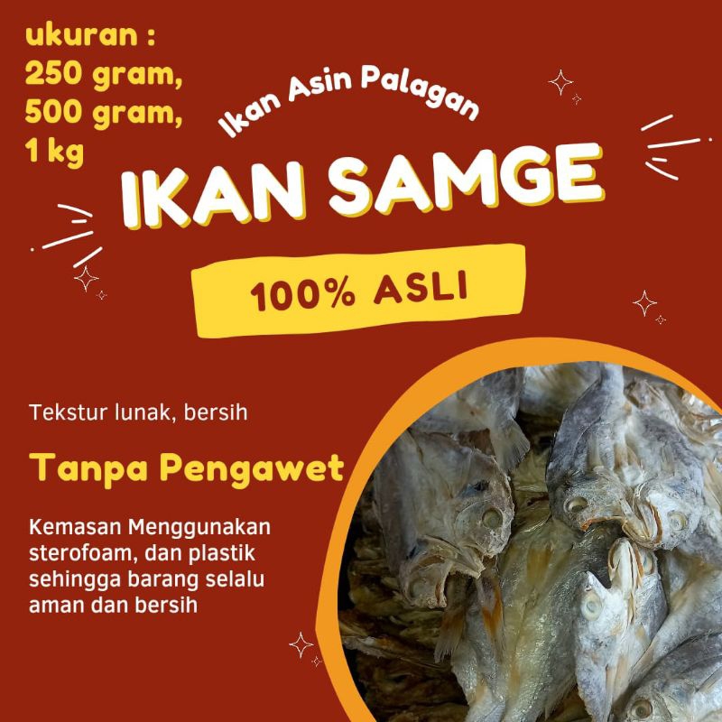 

Ikan Asin Samge dengan kualitas baik dan harga berkualitas 100% asli, ukuran 250 gr, 500 gr, 1 kg