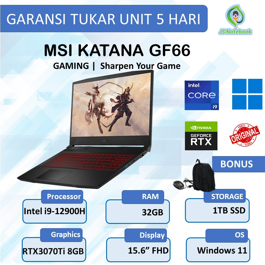 MSI KATANA GF66-12U RTX3070Ti 8GB i9 12900H 32GB 1TB SSD W11 15.6" FHD