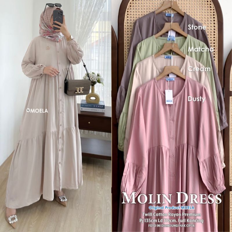 Molin dress twill cotton gamis polos maxy lengan panjang full kancing Busui