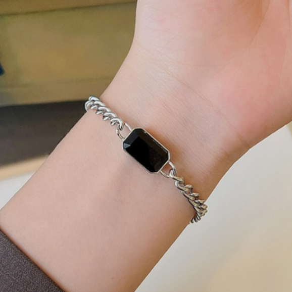Moonsun - Gelang Titanium permata hitam DTA16 Zirconium Warna Silver Putih Diameter 17cm Gelang Ally