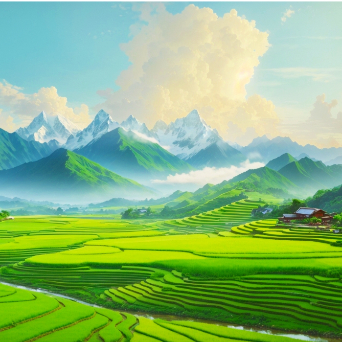 Lukisan Pemandangan Sawah Hijau suasana Tenang dengan Terasering Indah