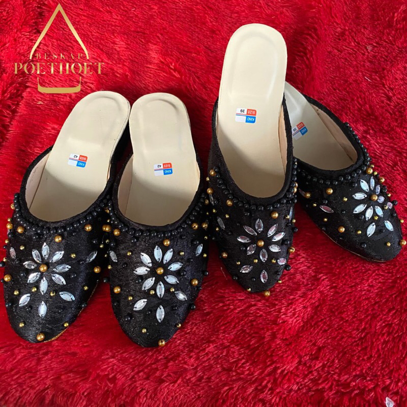 selop pengantin Jawa payet hitam permata Silver pria wanita hak sedang 5cm couple