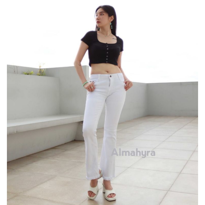 Celana Jeans Cutbray Rawis Putih Pinggang Standar-Celana Jeans Wanita Cutbray Rumbai-Celana Jeans Wa