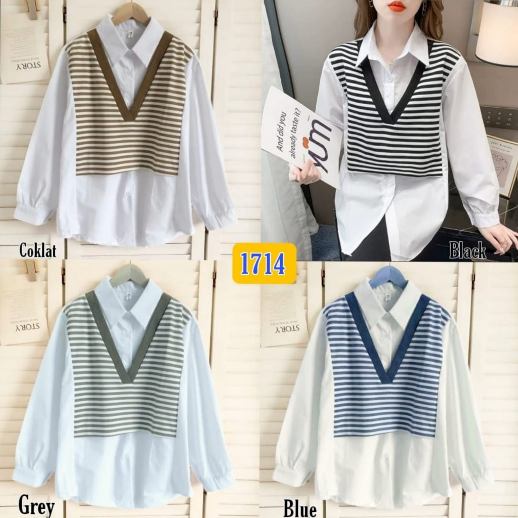 Kemeja Panjang Kombi Salur Warna 1714/ Blus Import / Atasan Kemeja Wanita / Fashion Korean Style