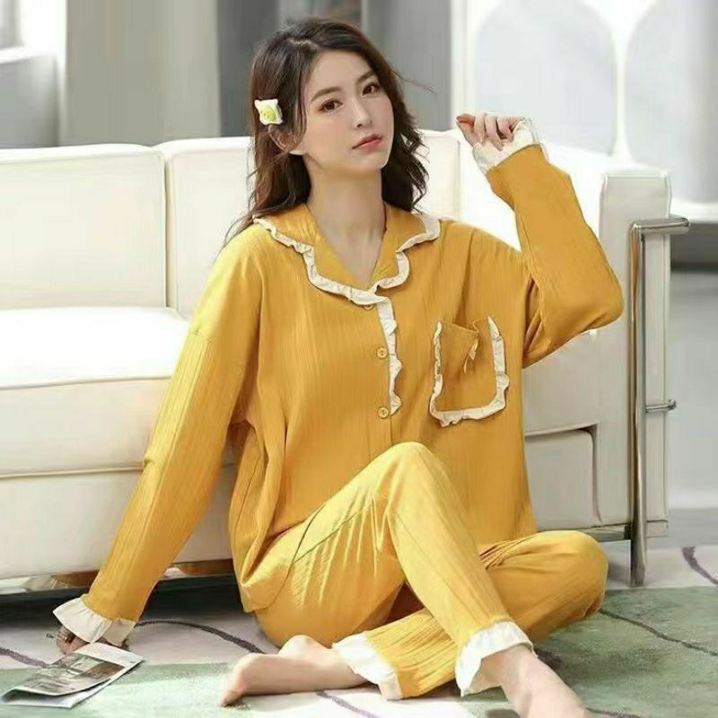 Baju tidur piyama setelan kemeja kancing PP import/Piyama setelan renda wanita/setelan piyama PP korea