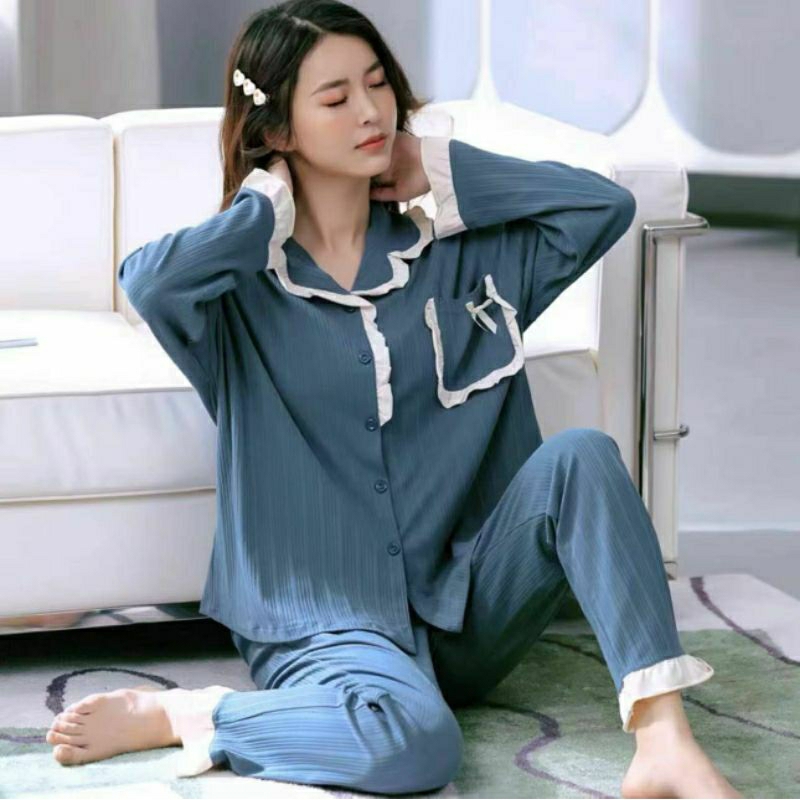 Baju tidur piyama setelan kemeja kancing PP import/Piyama setelan renda wanita/setelan piyama PP korea