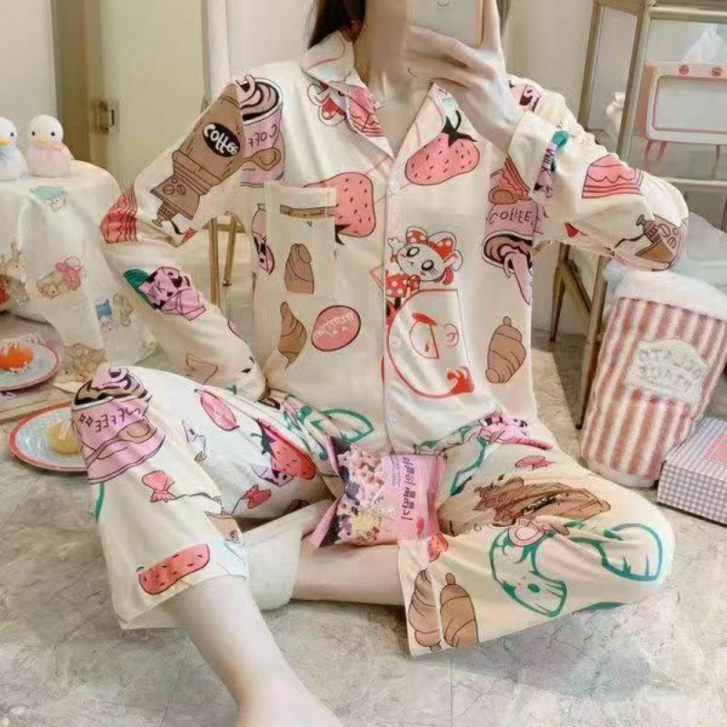 Baju tidur piyama setelan kemeja kancing PP import/Piyama setelan renda wanita/setelan piyama PP korea