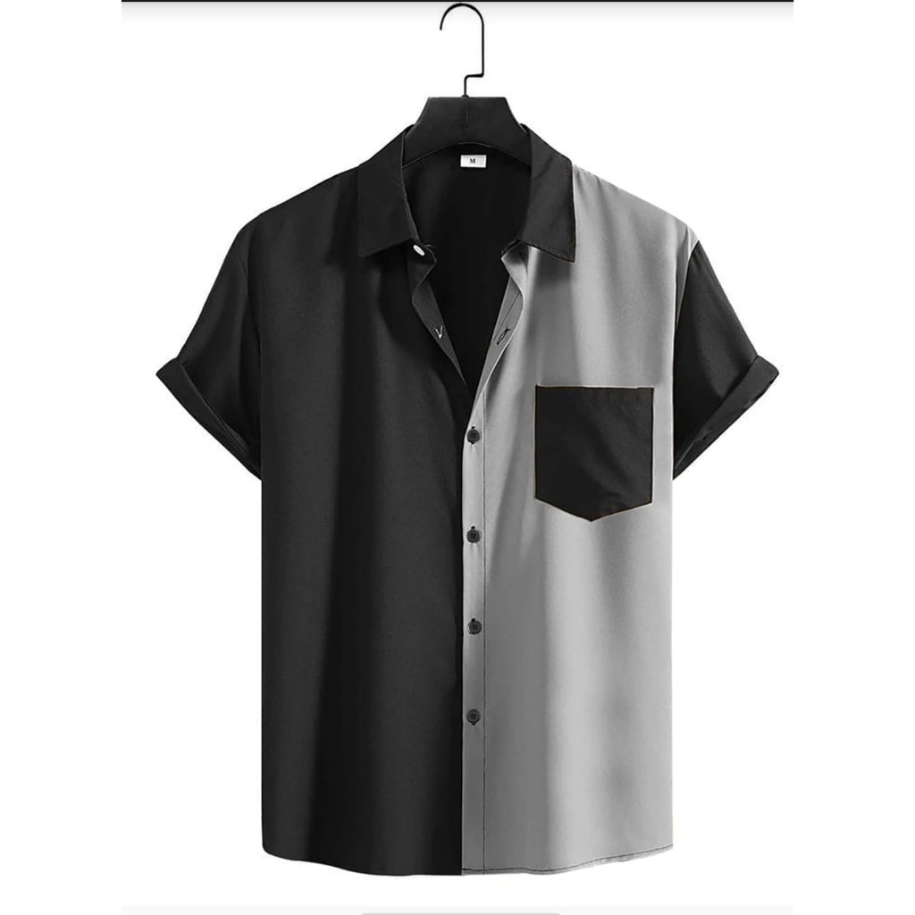 Kemeja Hem Two Tone Pocket Kombinasi Lengan Pendek Pria