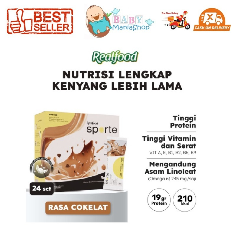 

Realfood Sporte Realmeals Cokelat Sereal Minuman Tinggi Protein Original 12 sachet 24 sachet