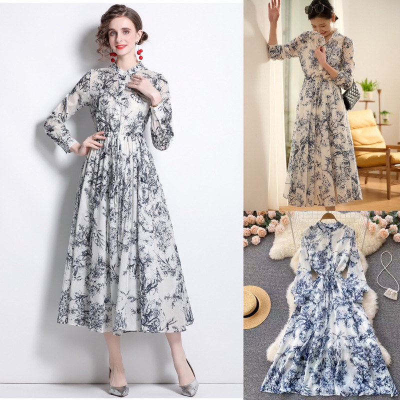 D1319 HUGO KOREAN STYLE FLORAL VINTAGE MAXI DRESS CASUAL FORMAL RETRO LOOK PORCELAIN MOTIF HIJAB BUS