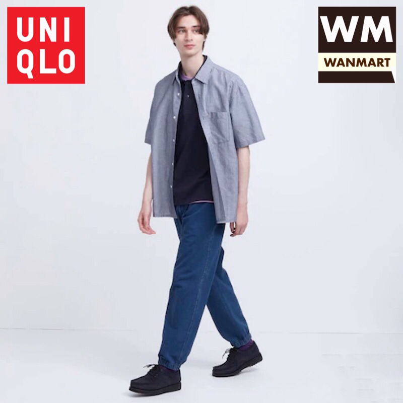 UNIQLO Men Pants Celana Panjang Jogger Pria Washed Jersey Denim Blue