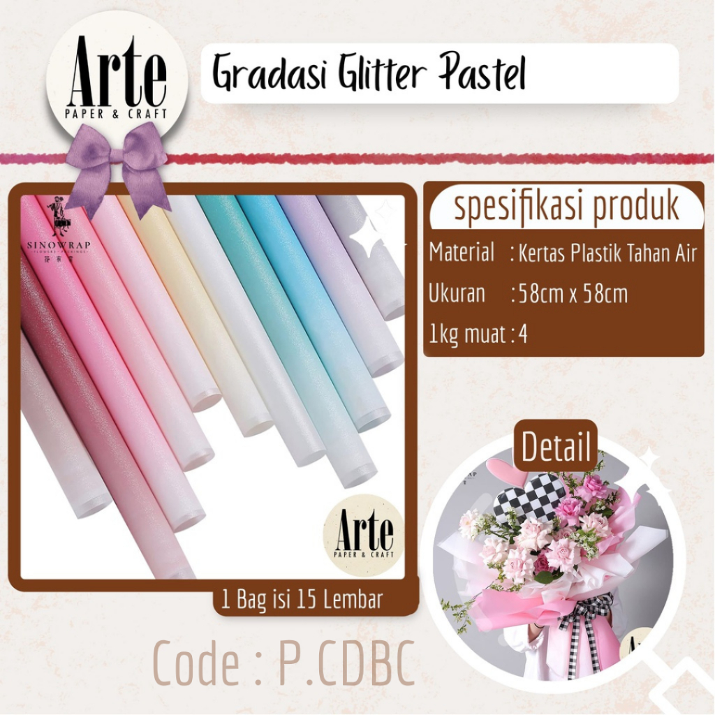 

15 Lembar Cellophane Gradasi Glitter Pastel Kertas Buket Korea Bunga Flower Wrapping Paper Kado Arte Grosir Jakarta P.CDBC