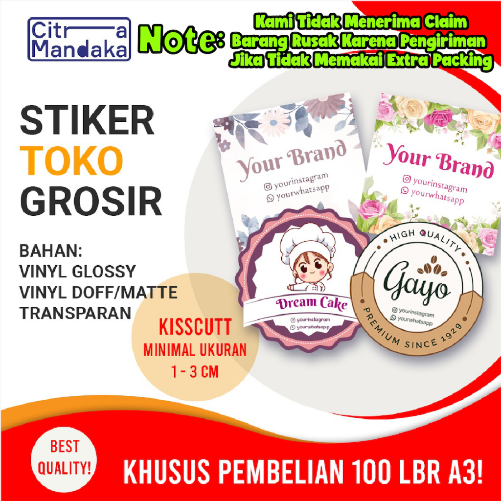 Cetak Sticker Vinyl Anti Air Ukuran Kecil Grosir A3 Logo Waterproof | Stiker Botol Minuman Label Cus